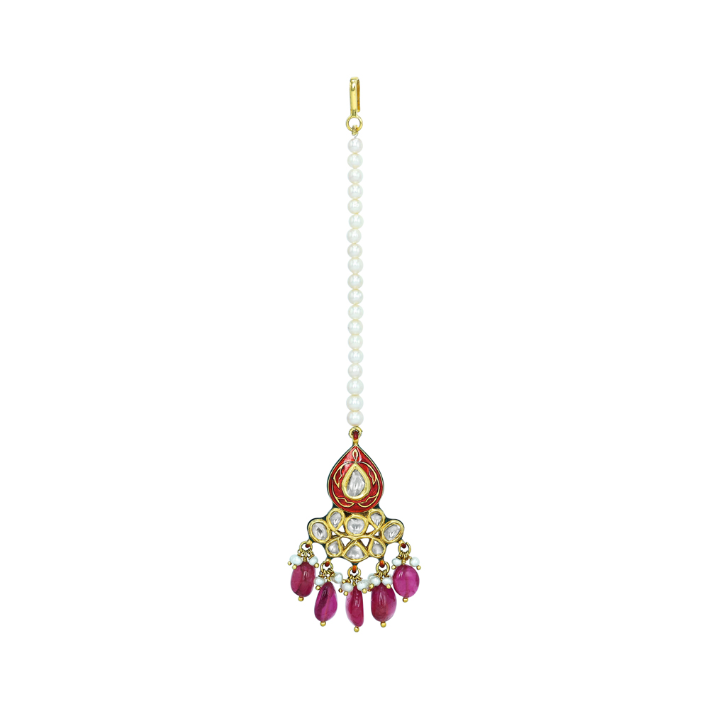 Teardrop Red Enamel Mangtikka with Polki and Tourmaline Drops